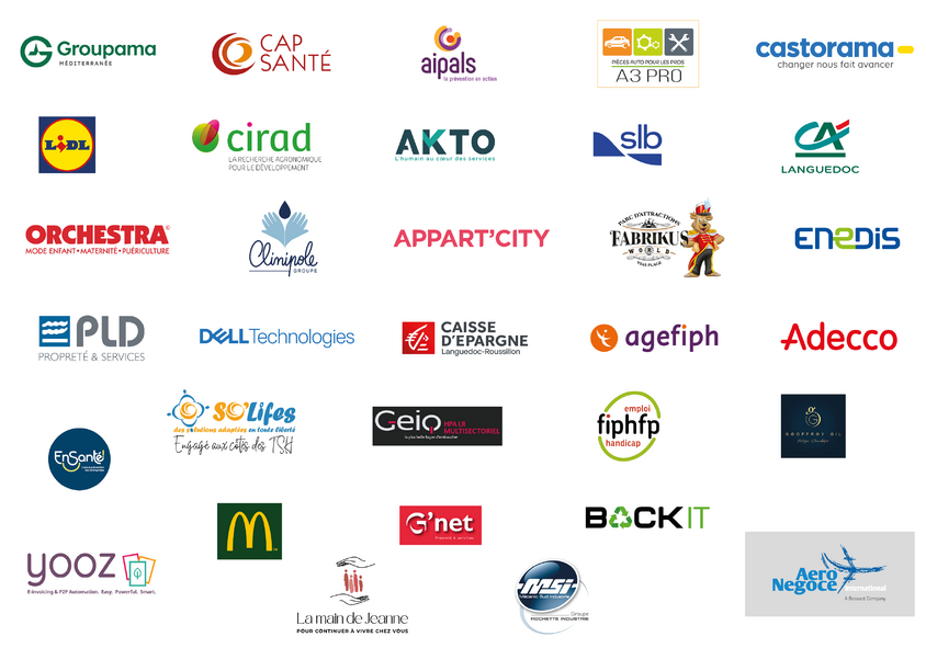 Handi'Job 2024, logos entreprises partenaires. GROUPAMA, CAP SANTE, AIPALS, A3PRO, CASTORAMA, LIDL, CIRAD, AKTO, SLB, CREDIT AGRICOLE, ORCHESTRA, CLINIPOLE, APPART'CITY, FABRIKUS, ENEDIS, PLD, DELL TECHNOLOGIE, CAISSE D'EARGNE, AGEFIPH, ADECCO, EN SANTE, SO'LIFES, GEIQ, FIPHFP, GEOFFREY GIL, YOOZ, MCDO, G'NET, BACK IT, LA MAIN DE JEANNE, MSI, AERO NEGOCE